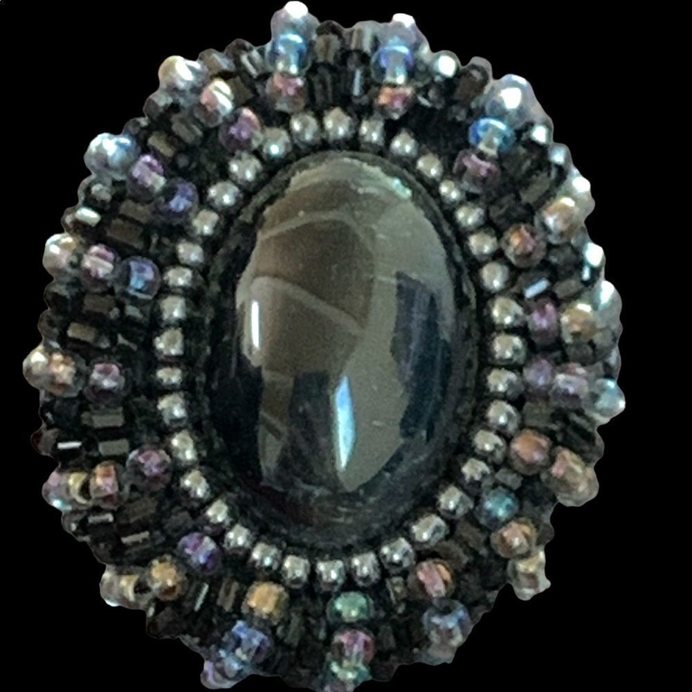 Vintage hand beaded glass bead and Laborite pierced earrings black blue pierced